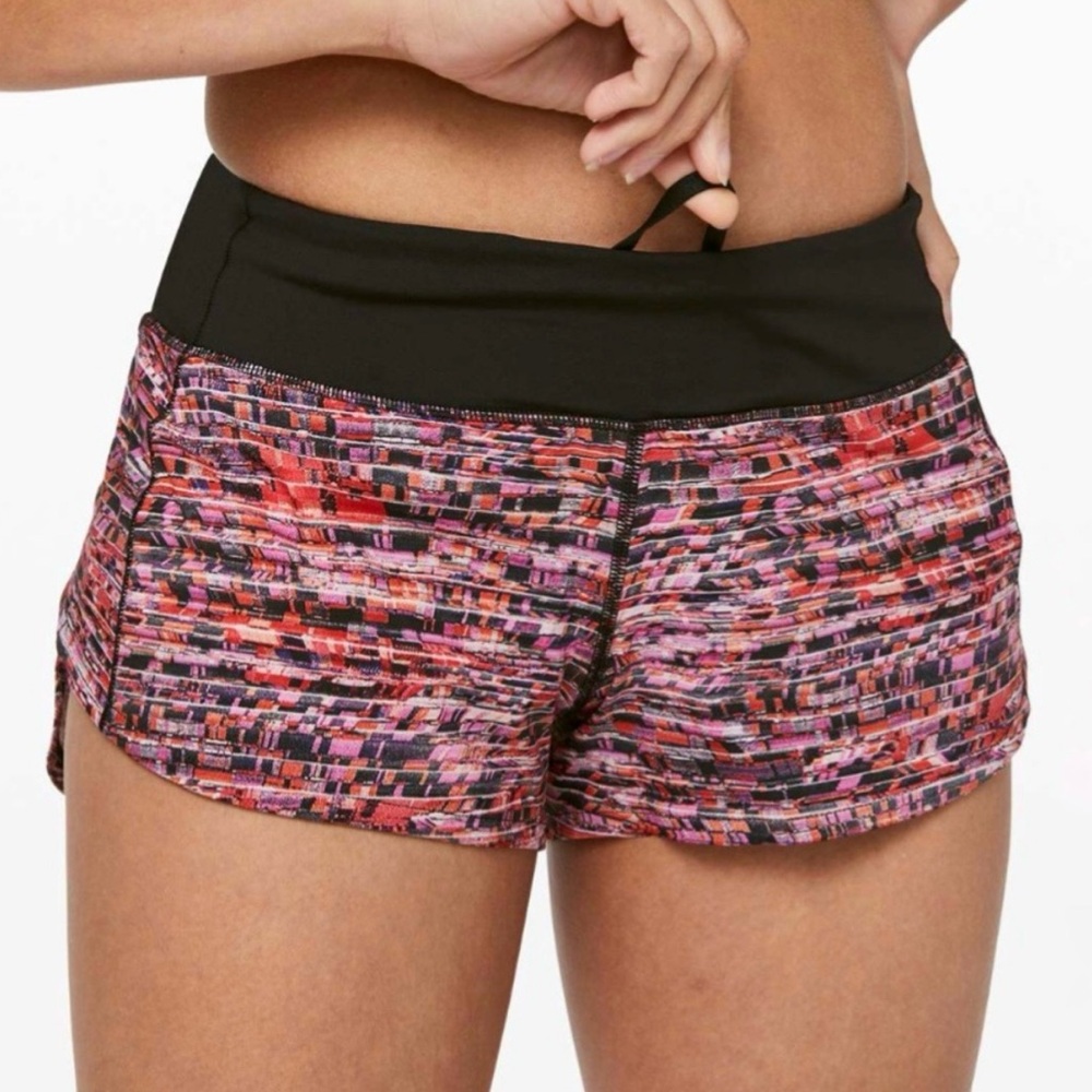 lululemon Black Pink Flash Orange Multi Print Speed up low rose shorts